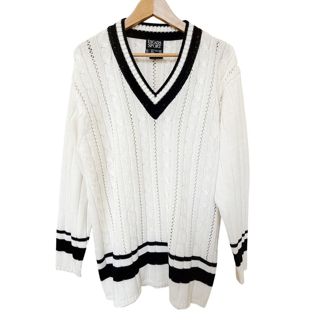 VTG Escada Cable Knit Cricket Sweater Mens US L White Navy Blue Tennis Cotton